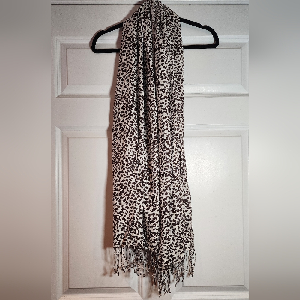 White And Brown Leopard Print Fringe Scarf